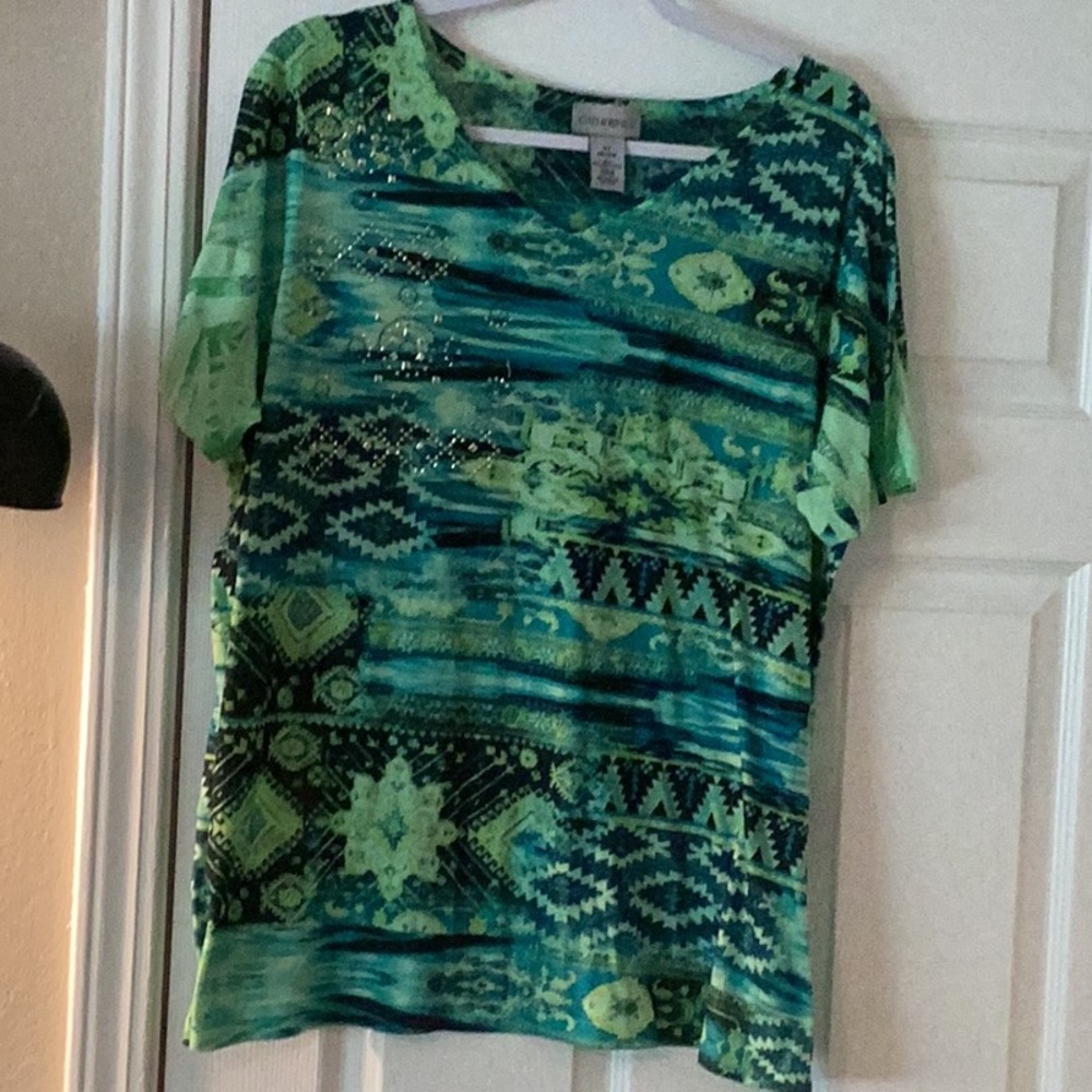 Catherine’s Green Western Graphic Short Sleeve Blouse